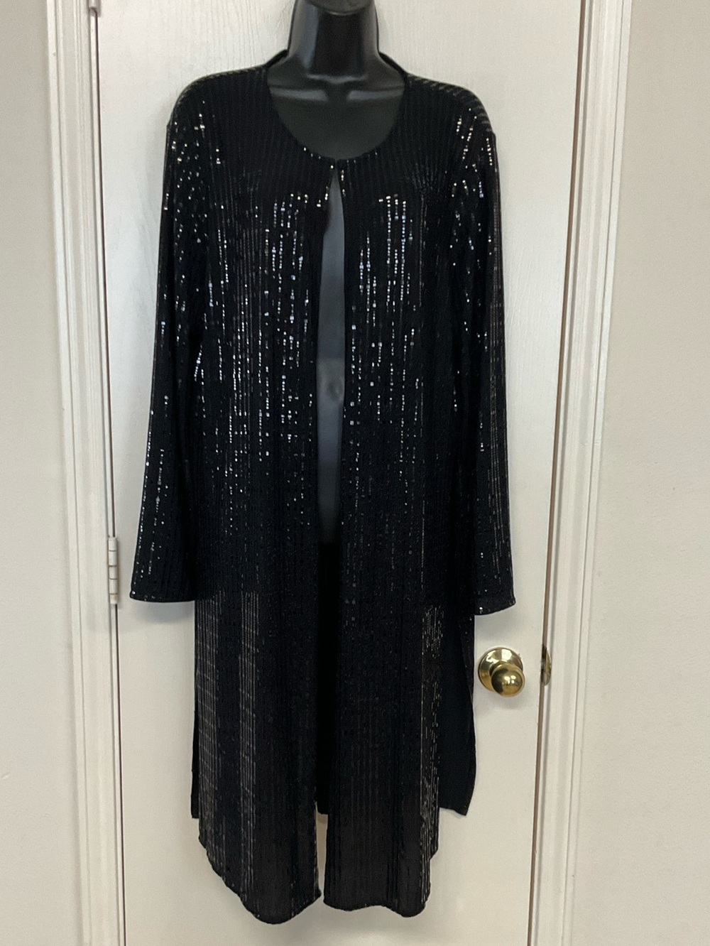 Anne Klein Sequin Open-Front Long Duster Cardigan Black Large